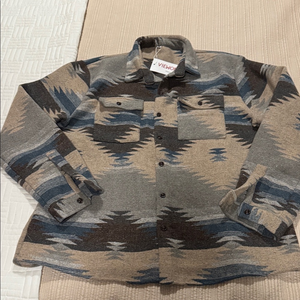 Unisex Western Blanket Button Down Shirt - Gray and Blue